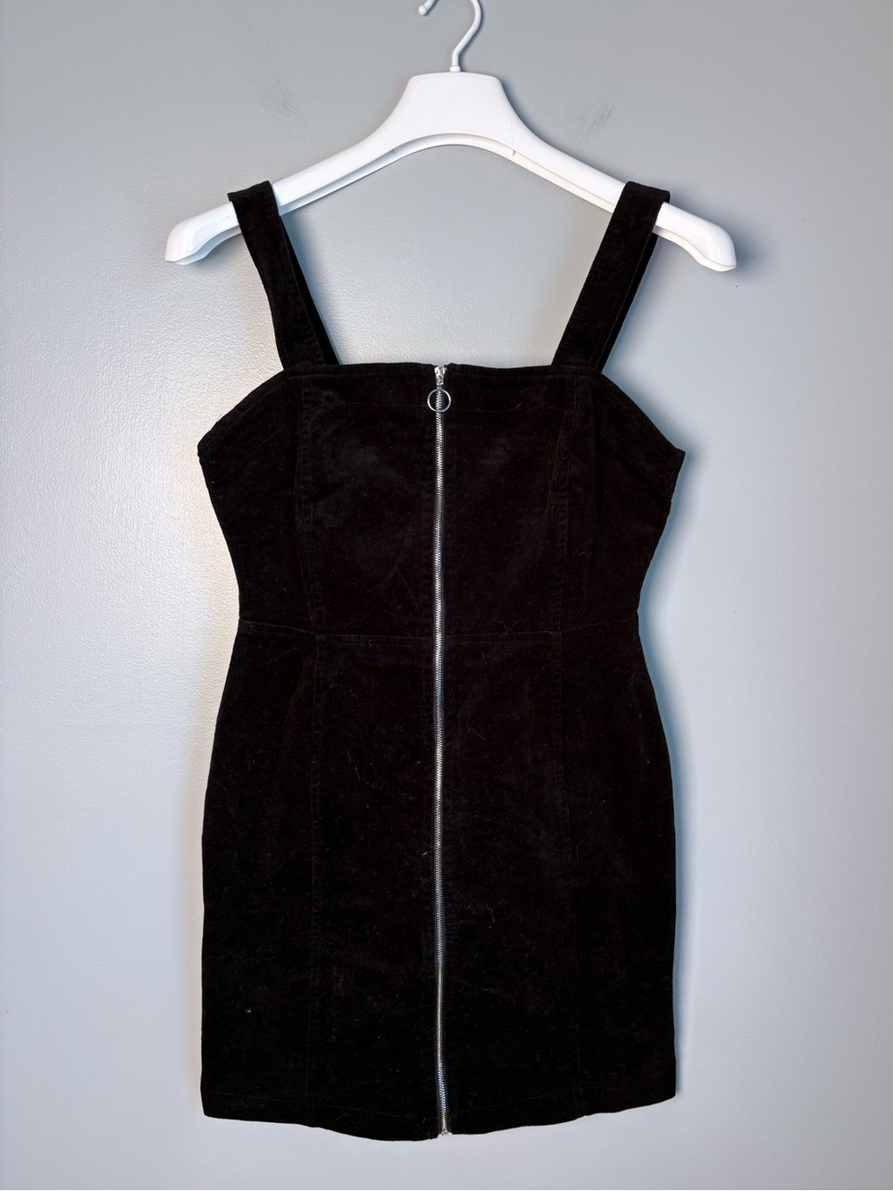 Black Corduroy Overall Dress Small Zip Front Ring Pull Mini Pinafore S